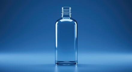 Elegant Clear Glass Bottle on Blue Gradient Background, Studio Lighting, Minimalist Design