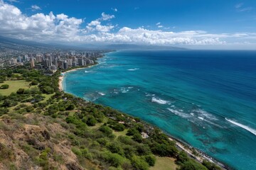 Naklejka premium Panoramic aerial view of a vibrant coastal city meeting the turquoise ocean under a bright blue sky with fluffy clouds