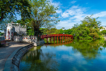 The Huc Bridge in Hoan Kiem Lake, a lake in the historical center of Hanoi, the capital city of Vietnam