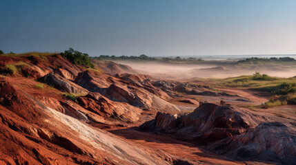 Obraz premium expansive view of open pit mine in brazil at high noon showcasing vivid repeating textures across rugged terrain