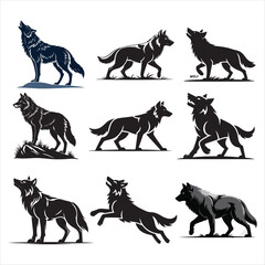 Collection of stylized wolf silhouettes: howling, running, standing; vector graphics, dark moody aesthetic.