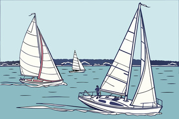 Illustration of three sailboats sailing on the water with a person visible on the front sailboat vessel