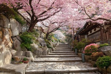 Cherry blossoms bloom over stone steps