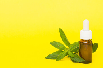 Natural Mint Essential Oil in a Glass Bottle. organic cosmetics with herbal extracts of mint on...