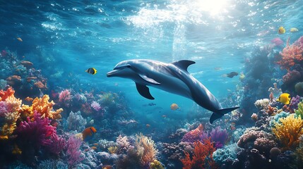 Naklejka premium Underwater dolphin surrounded by vibrant reef and sunlight high resolution picture