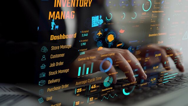 Inventory management dashboard showing supply chain performance, stock levels, order cycle times, cost reduction, and procurement ROI. Inventory tracking, and streamline warehouse efficiency. Thunk