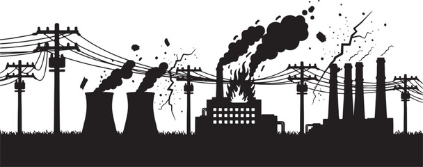Naklejka premium Black silhouette of burning factory with smoke and power lines, factory, industry, fire, burning, smoke, pollution, power lines, electricity, poles, wires, silhouette, black and white, industrial land