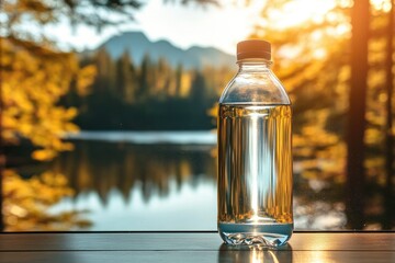 Clear plastic water bottle on a wooden surface, with a scenic lake and forest in the background at sunset