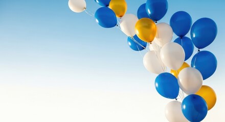 Vibrant balloons float gracefully against a clear blue sky, symbolizing celebration and freedom
