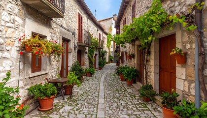 Picturesque stone alleyway with flowers
