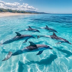 Fototapeta premium Tropical paradise dolphins swimming near calm shoreline high resolution picture