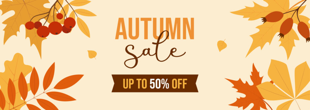 Horizontal banner for autumn sale with fall leaves. Vector illustration template for seasonal discounts in stores, promoting fall sales and special offers