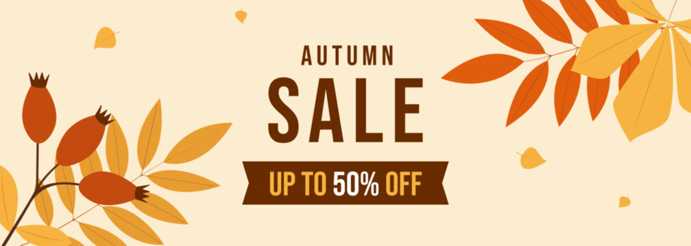 Horizontal banner for autumn sale with fall leaves. Vector illustration template for seasonal discounts in stores, promoting fall sales and special offers