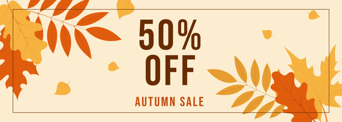 Horizontal banner for autumn sale with fall leaves. Vector illustration template for seasonal discounts in stores, promoting fall sales and special offers