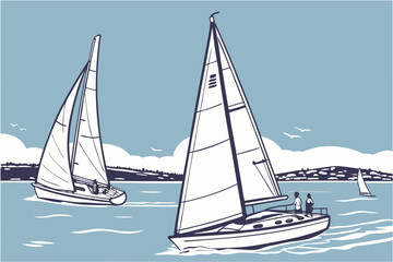 Two sailboats sailing on the water with people on board against a cloudy sky and distant shoreline