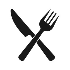 Classic fork and knife silhouette representing dining and cuisine isolated on white background