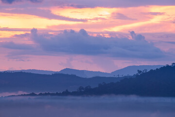 A mesmerizing view of mountain layers against a stunning sunset sky, showcasing nature's artistry
