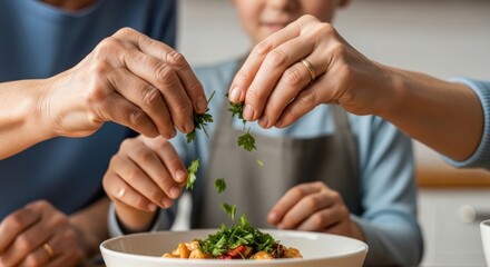 Family Culinary Collaboration: Hands Sprinkling Fresh Parsley on a Delicious Meal