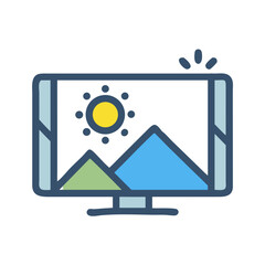 Stylized illustration of a monitor displaying a landscape scene