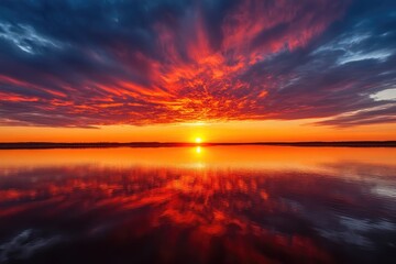 Fiery sunset reflecting on still water.  Vast, vibrant colors of orange, red, and blue paint the sky above a calm lake