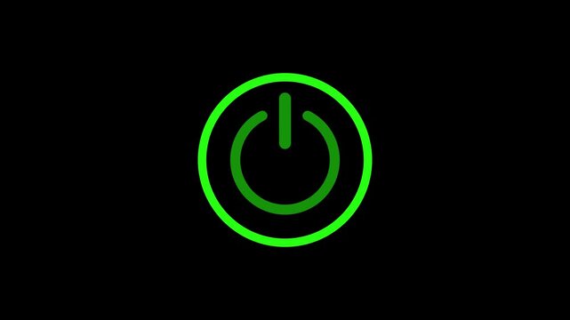 Green power reset button sign animation. power button icon animated on a black background.