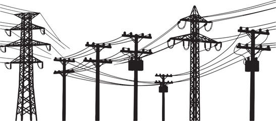 Black silhouette of power lines and utility poles against white, power line, electricity, transmission tower, utility pole, overhead line, infrastructure, energy, high voltage, electricity pylon, powe