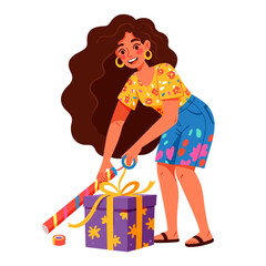 A cheerful woman wrapping a beautifully decorated gift box.