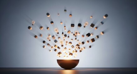 Floating lightbulbs and geometric shapes emanating from a glowing bowl, concept of ideas