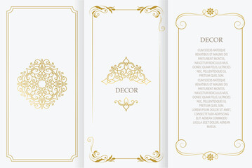 Vector set frames for design template. Golden floral borders. Ornate decor for save the date, birthday, greeting card, wedding invitation, leaflet, poster, certificate, thank you message.