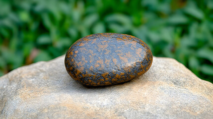 A dark brown, oval-shaped stone rests on a larger, lighter brown stone. A blurred green background is visible.