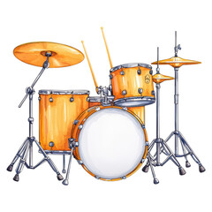 Colorful Drum Set with Bright Orange Finish and Cymbals isolated on transparent background.