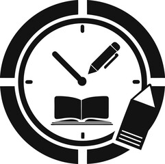 Black clock with open book and pencils time reading
