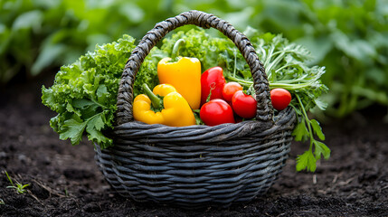 A dark woven basket filled with bell peppers, tomatoes, and leafy greens sits on dark soil in a garden.