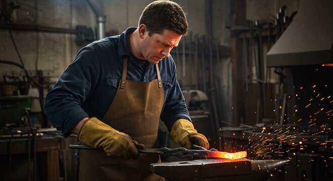 Concentrated Blacksmith Shaping Molten Metal on Anvil in Workshop, Sparks Flying - Powered by Adobe