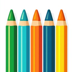 Five colored pencils in a row.  Each pencil has a distinct color green, teal, orange, navy, and yellow.  Simple, flat design