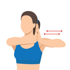 Woman performs a shoulder mobility drill, pressing her palms together and moving side to side. Flat vector illustration isolated on white background