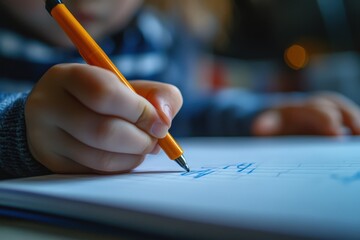 A close-up of a child's hand carefully writing in a notebook with a blue pencil. The image captures the focused, delicate act of learning, with a soft, sunlit background creating a warm atmosphere