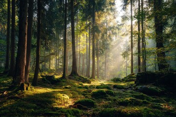 Tranquil forest landscape with gentle sunlight streaming through lush greenery promoting relaxation and harmony