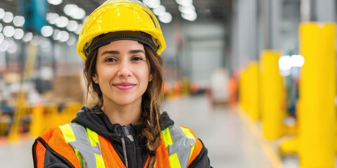 Confident Hispanic Female Engineer Wearing Safety Gear in Warehouse