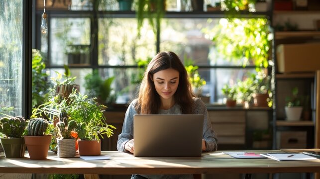 A confident female entrepreneur with glasses works on her laptop in a lush, plant-filled cafe or office. The green, biophilic environment creates a calm and focused atmosphere