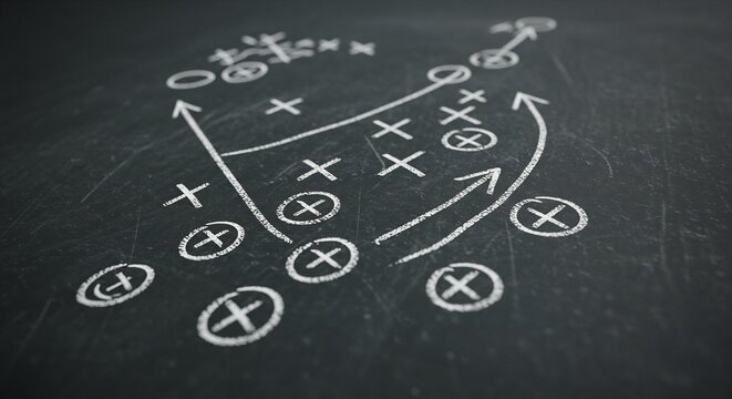 American Football Game Strategy Playbook Drawn in Chalk on a Blackboard - Powered by Adobe