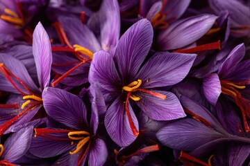 Vibrant saffron flowers blooming with rich purple petals and bright orange stamens perfect for gourmet cooking and botanical collections