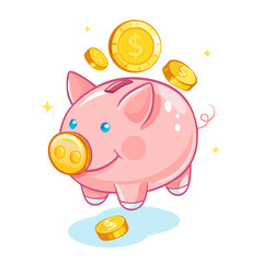 Happy pink piggy bank with falling gold coins and sparkles on black background
