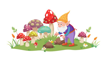 Friendly gnome interacting with a tortoise amidst a magical mushroom forest scene