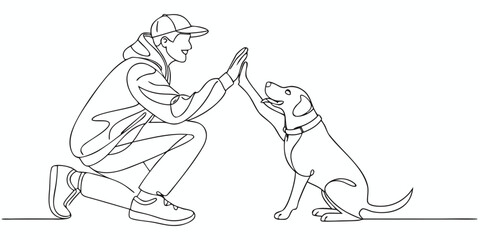 Fototapeta premium Continuous line art illustration of a man high fiving a dog in a kneeling position with a white background