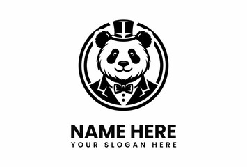 Dapper Panda A monochrome panda head wearing a top hat and bow tie within a circular frame.