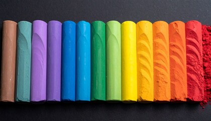 Rainbow chalk powder forming a gradient wave pattern on a dark black background, artistic and minimal.