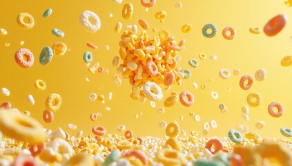 Colorful cereal pieces in mid-air, scattered on a yellow background