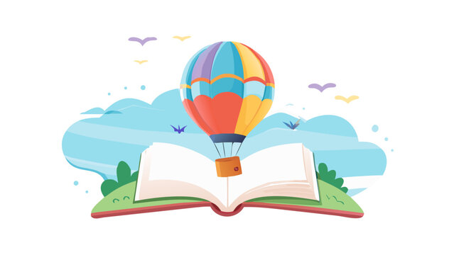 Hot air balloon takes flight from open book symbolizing adventure and imagination