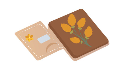 Aesthetic brown wallet featuring a delicate yellow flower and autumn berry illustration